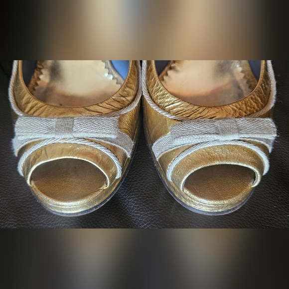 Marc Jacobs Gold Leather Peep Toe Bow Pumps Open Toe Chunky High Heels Size 37 6 - Picture 14 of 16